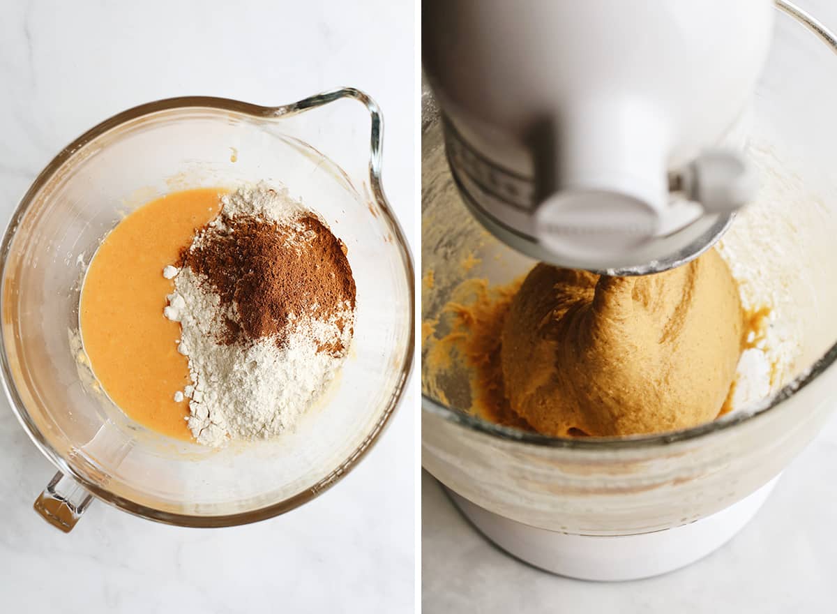 two photos showing How to make Pumpkin Cinnamon Rolls - adding the dry ingredients & making a dough ball