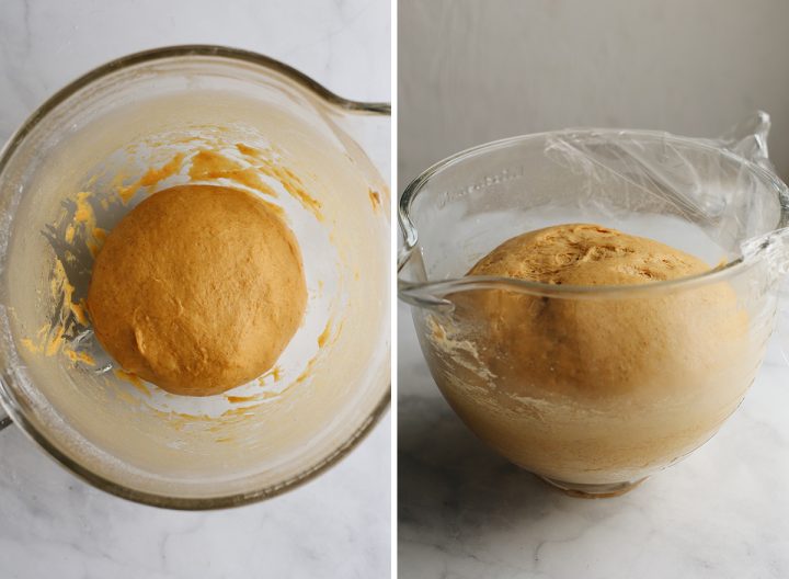 two photos showing How to make Pumpkin Cinnamon Rolls - the dough in a glass bowl before and after rising.