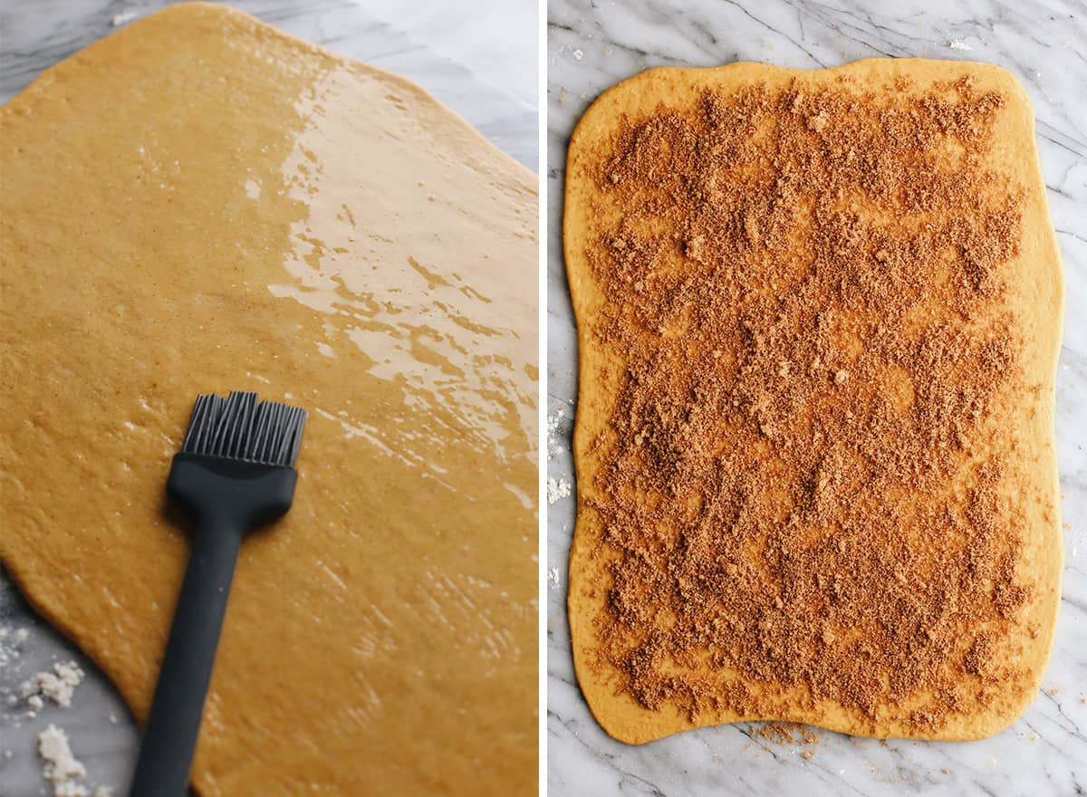 two photos showing How to make Pumpkin Cinnamon Rolls - spreading meted butter and cinnamon sugar on the dough