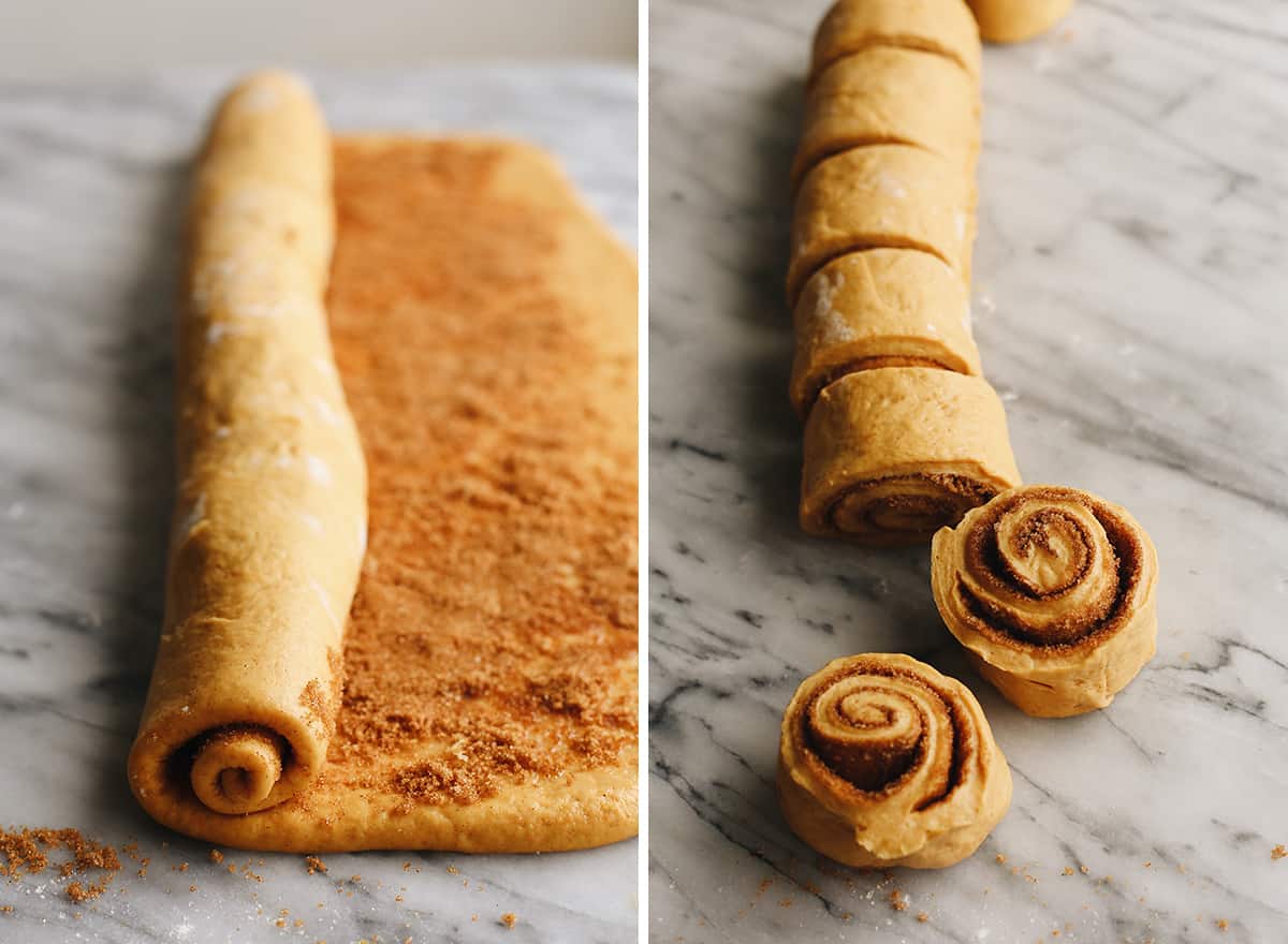 two photos showing How to make Pumpkin Cinnamon Rolls - rolling and cutting the rolls