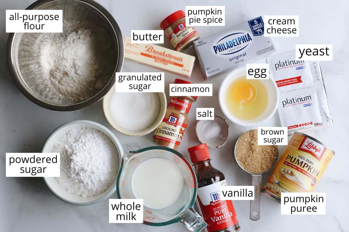 overhead photo of the ingredients in this Pumpkin Cinnamon Rolls recipe