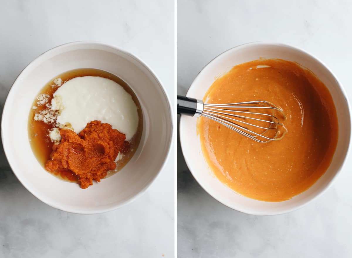 two photos showing how to make pumpkin overnight oats - whisking wet ingredients. 