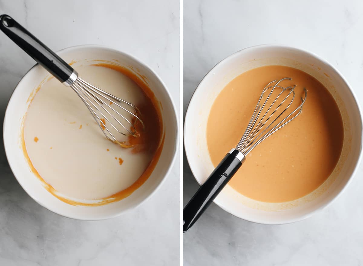 two photos showing how to make pumpkin overnight oats adding milk 