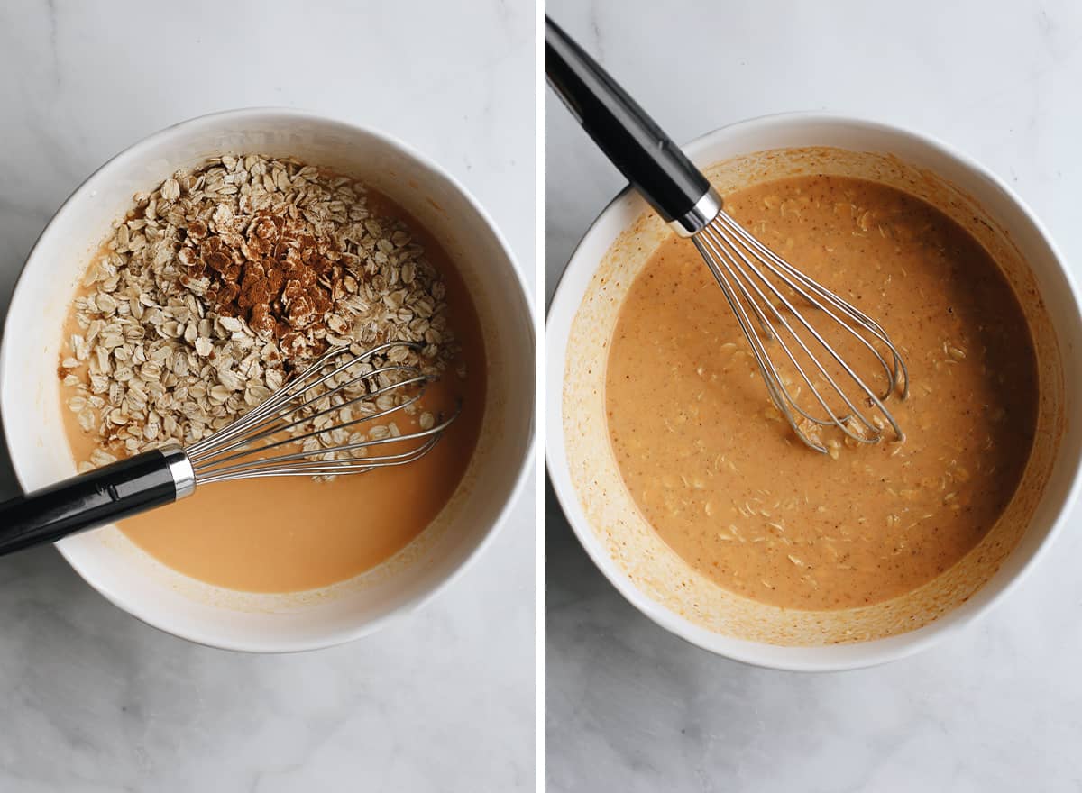 two photos showing how to make pumpkin overnight oats adding dry ingredients 