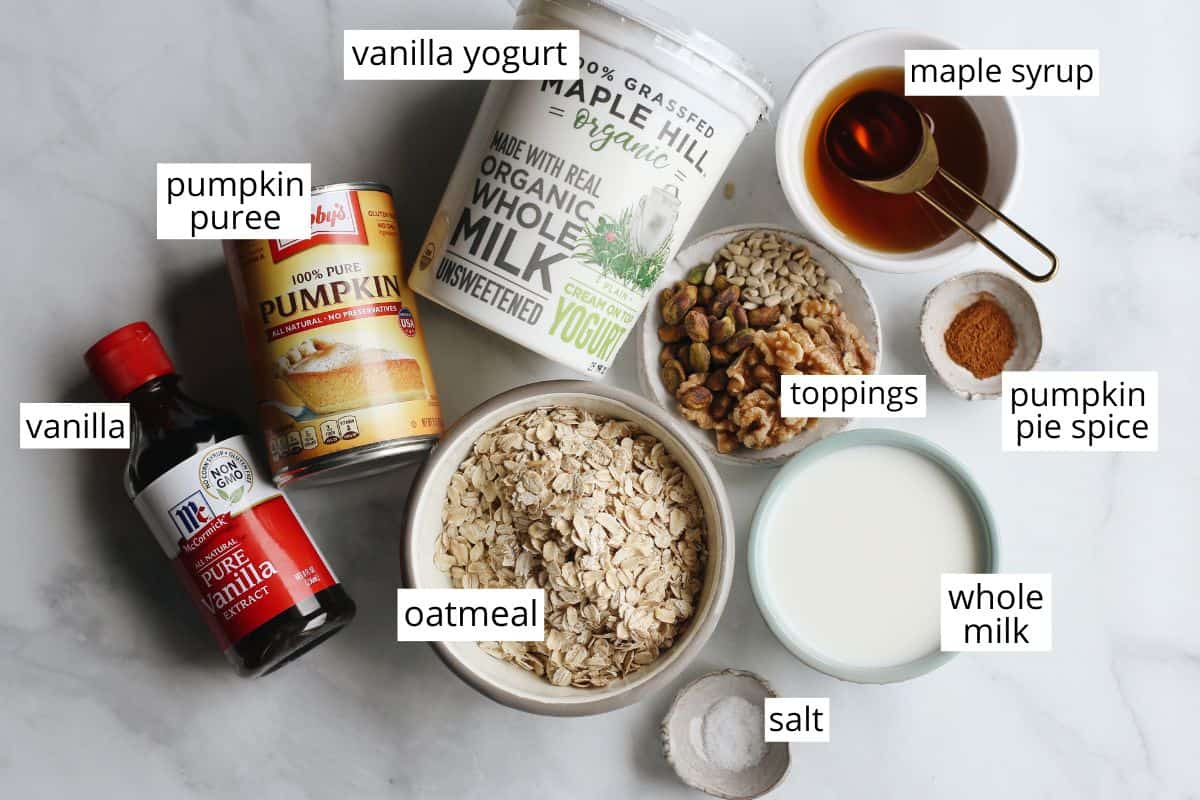 overhead view of the ingredients in this Pumpkin Overnight Oats Recipe