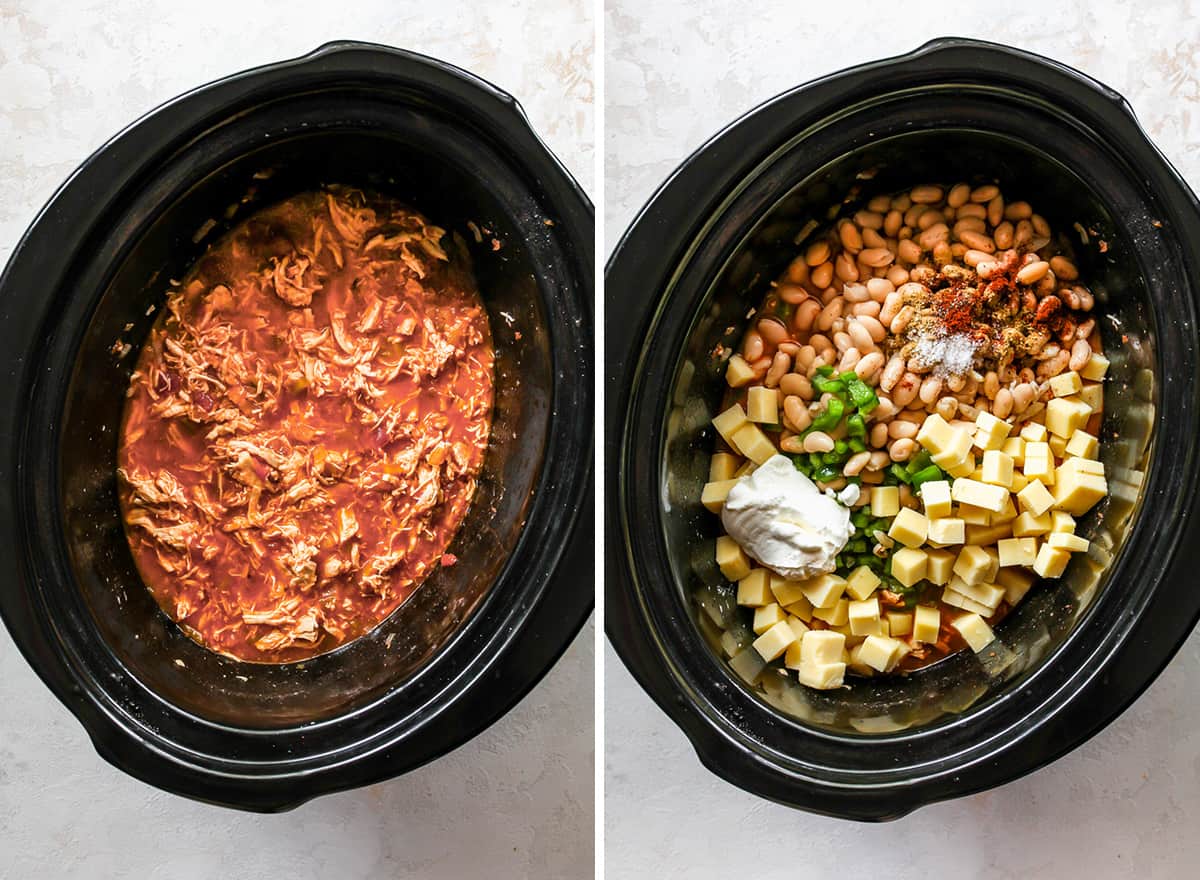 two photos showing how to make slow cooker white chicken chili