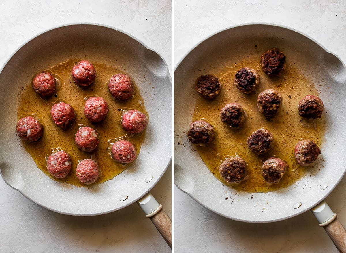 two overhead photos showing How to Make Greek Meatballs in a pan on the stovetop