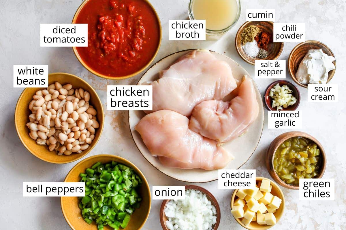 overhead view of the labeled ingredients in this White Chicken Chili recipe