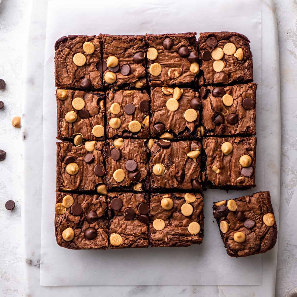 overhead view of Chocolate Peanut Butter Brownies cut into 16 squares 