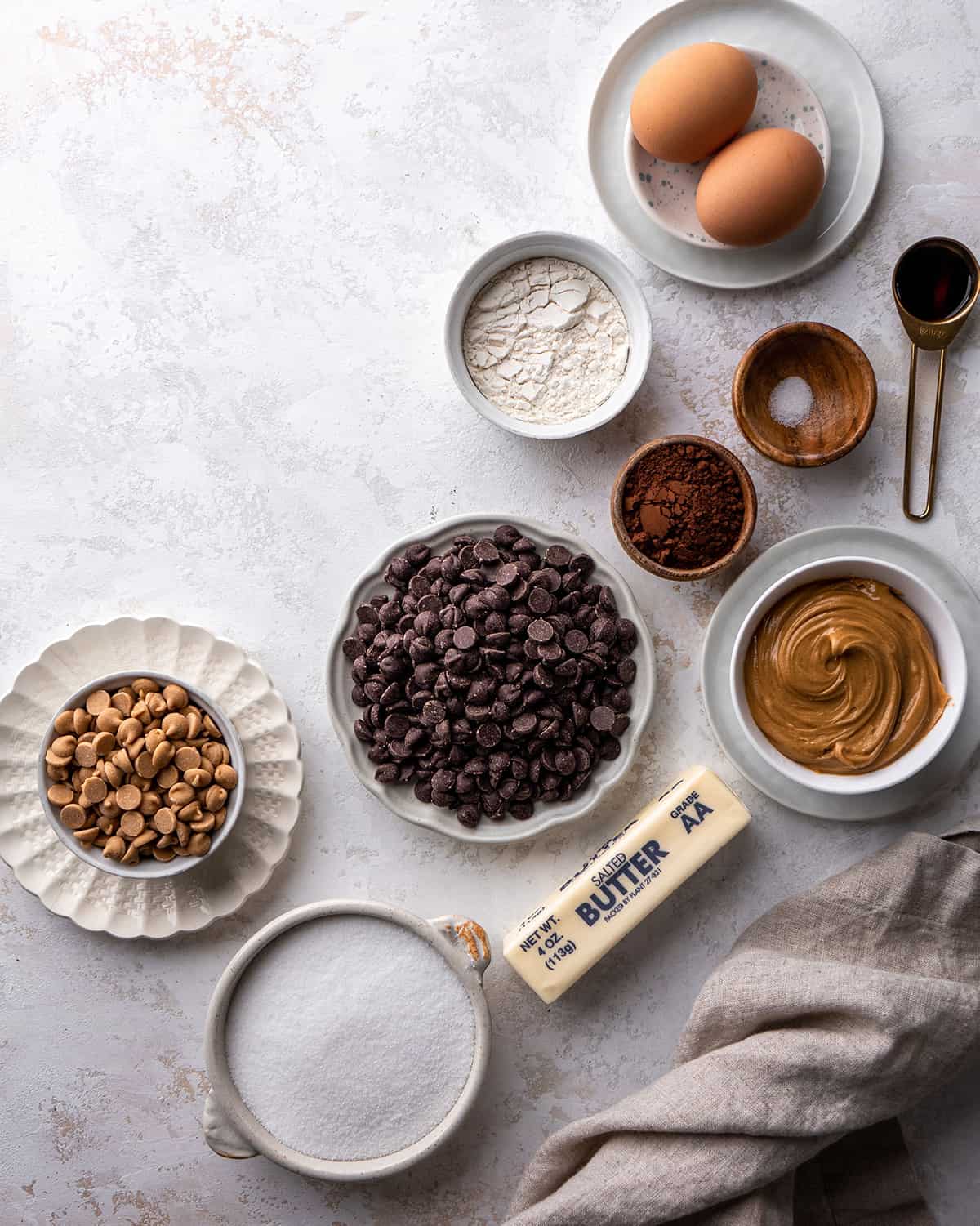 overhead view of the ingredients in this Chocolate Peanut Butter Brownies recipe