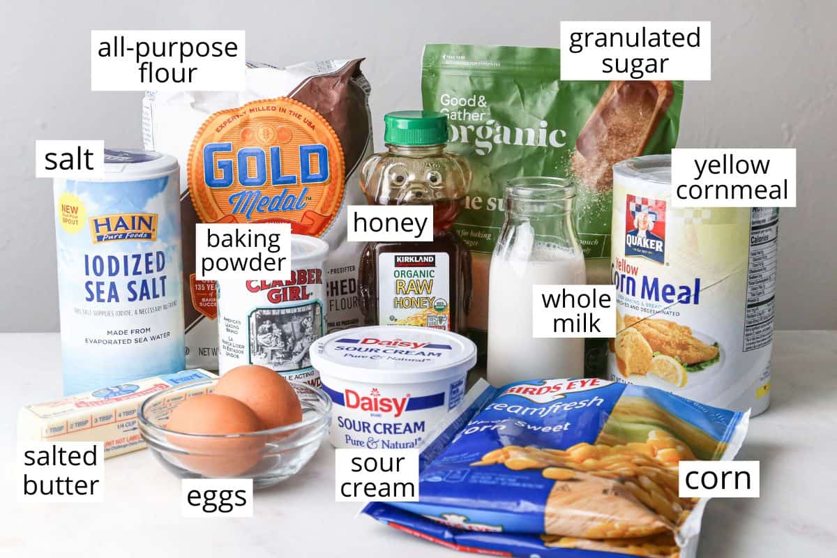 front view of the labeled ingredients in this Cornbread Muffins recipe