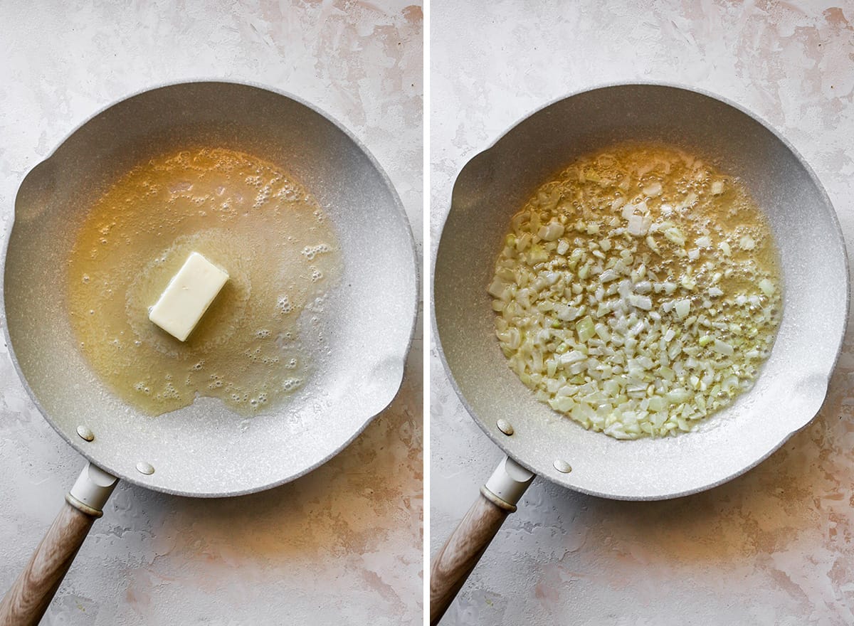 two photos showing How to make Spinach Tortellini - melting butter & cooking onion with garlic