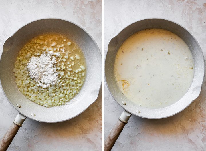 two photos showing How to make Spinach Tortellini - adding flour and heavy cream