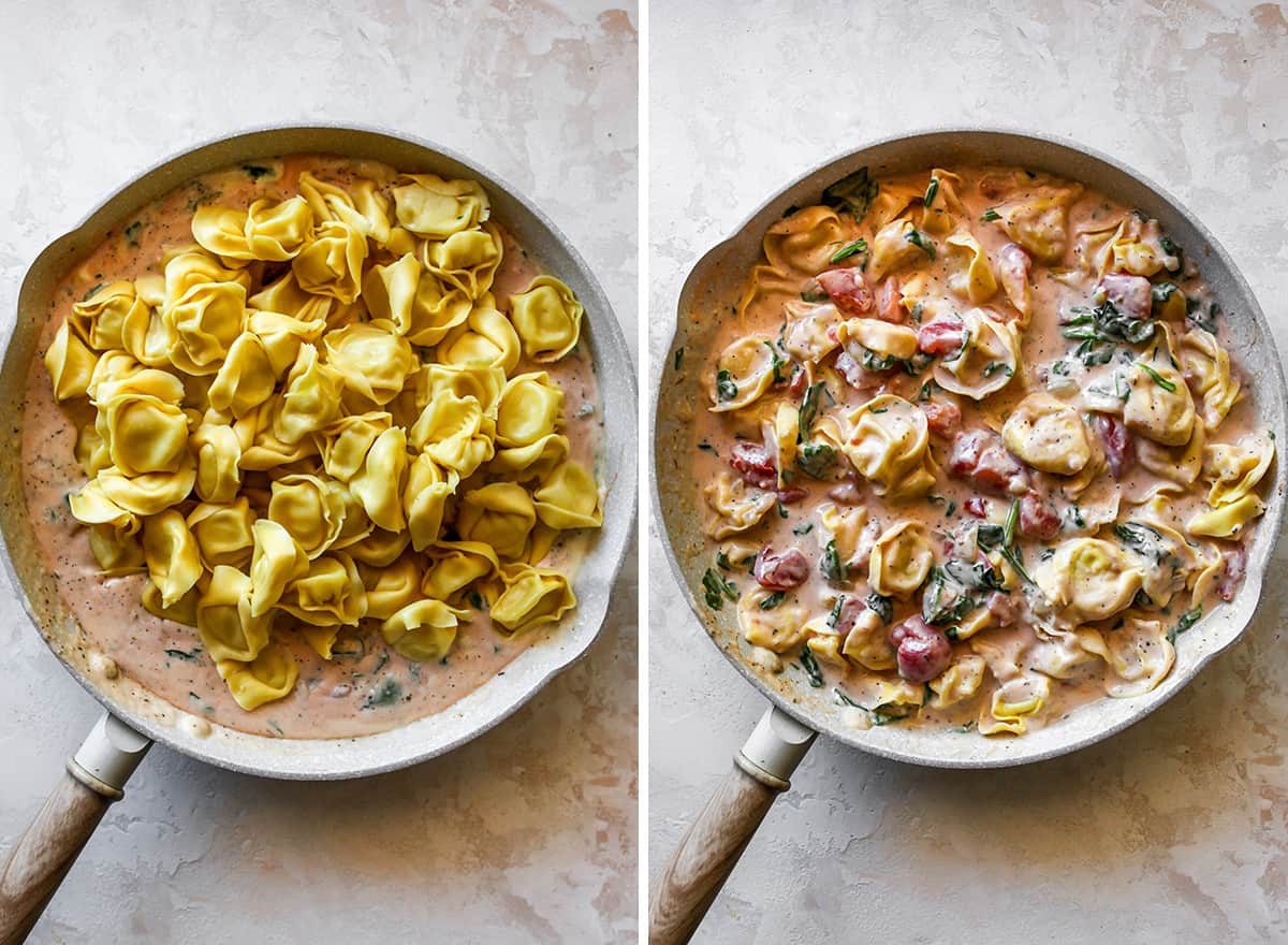 two photos showing how to make How to make Spinach Tortellini - adding tortellini to the sauce 