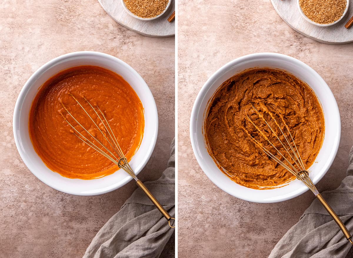 two photos showing whisking the batter to make Healthy Pumpkin Bread