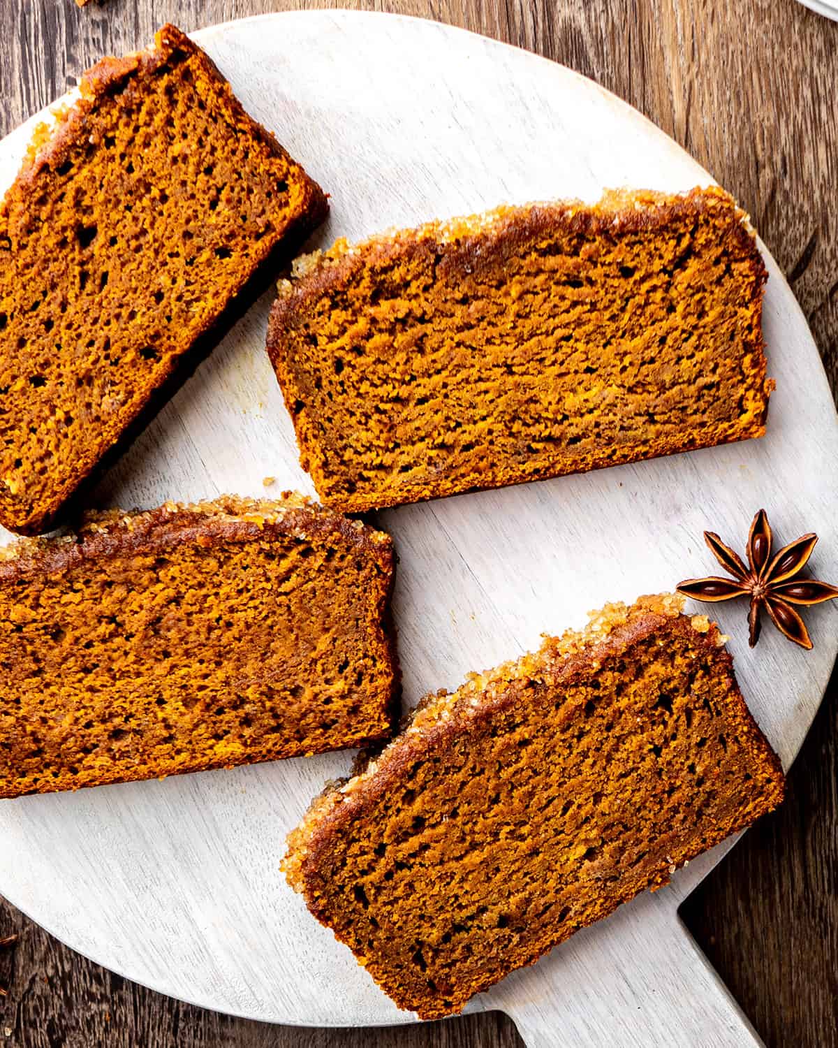 4 slices of Healthy Pumpkin Bread on a serving plate