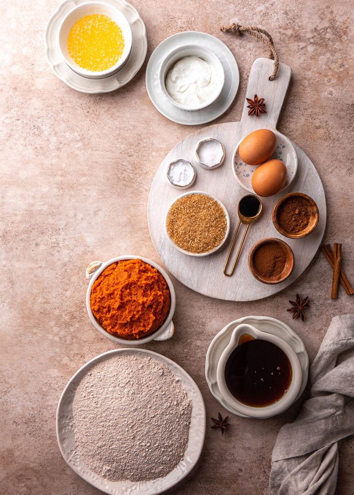 Overhead photo of the ingredients in this Healthy Pumpkin Bread recipe