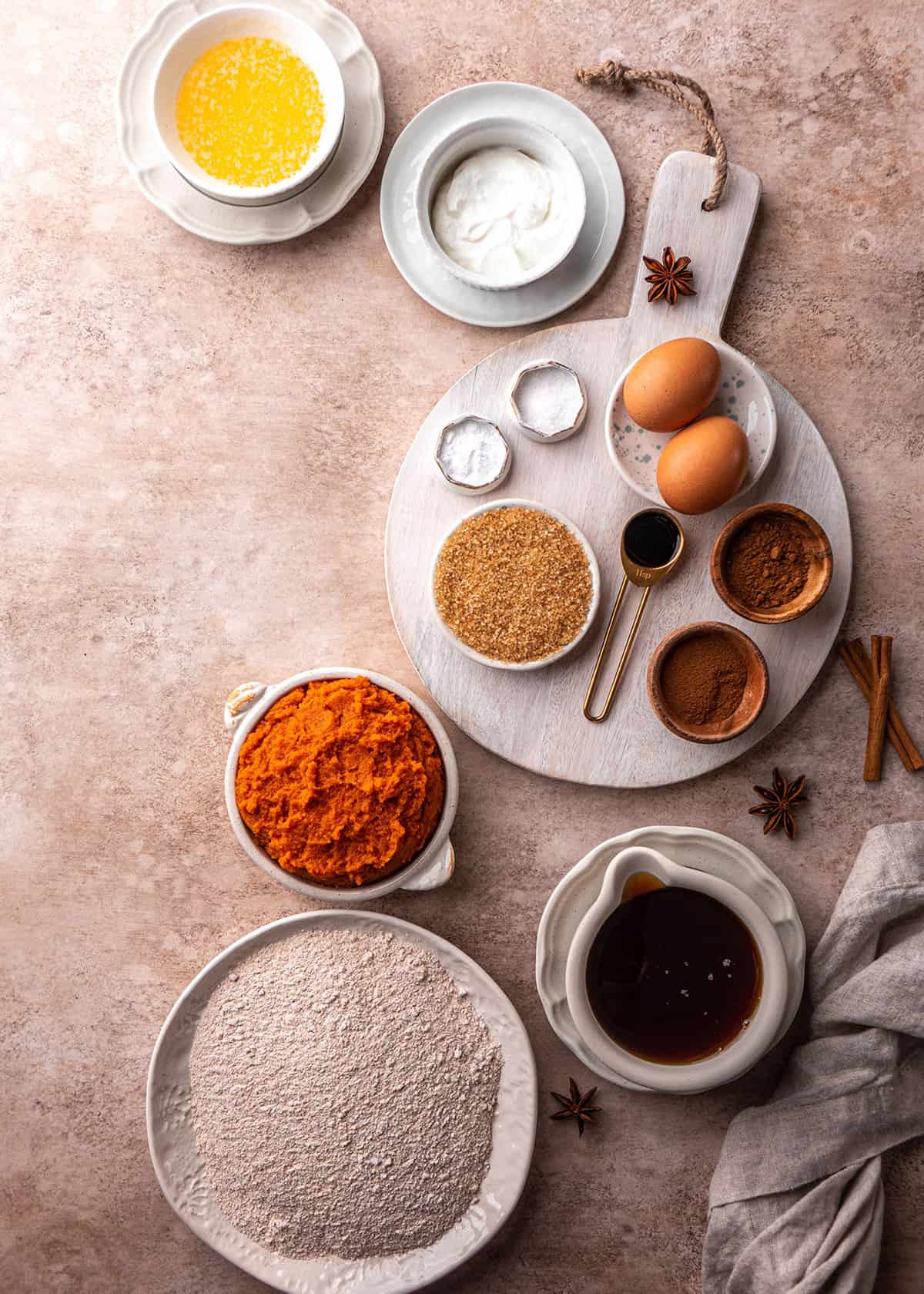Overhead photo of the ingredients in this Healthy Pumpkin Bread recipe