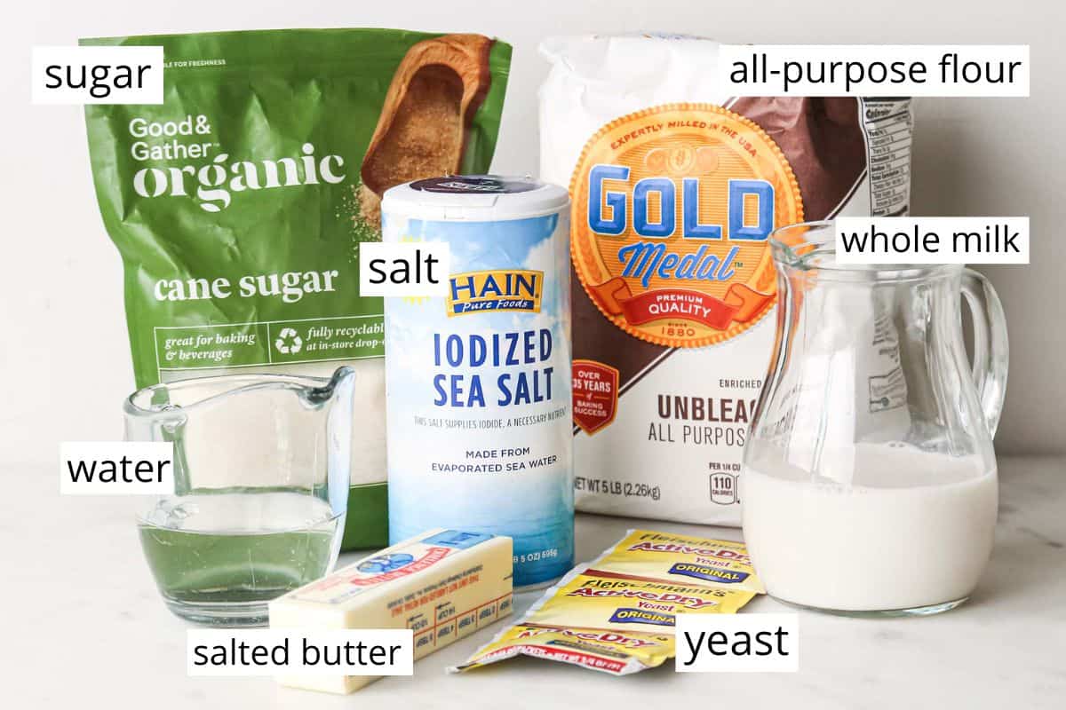 photo of the labeled ingredients in this Sandwich Bread Recipe