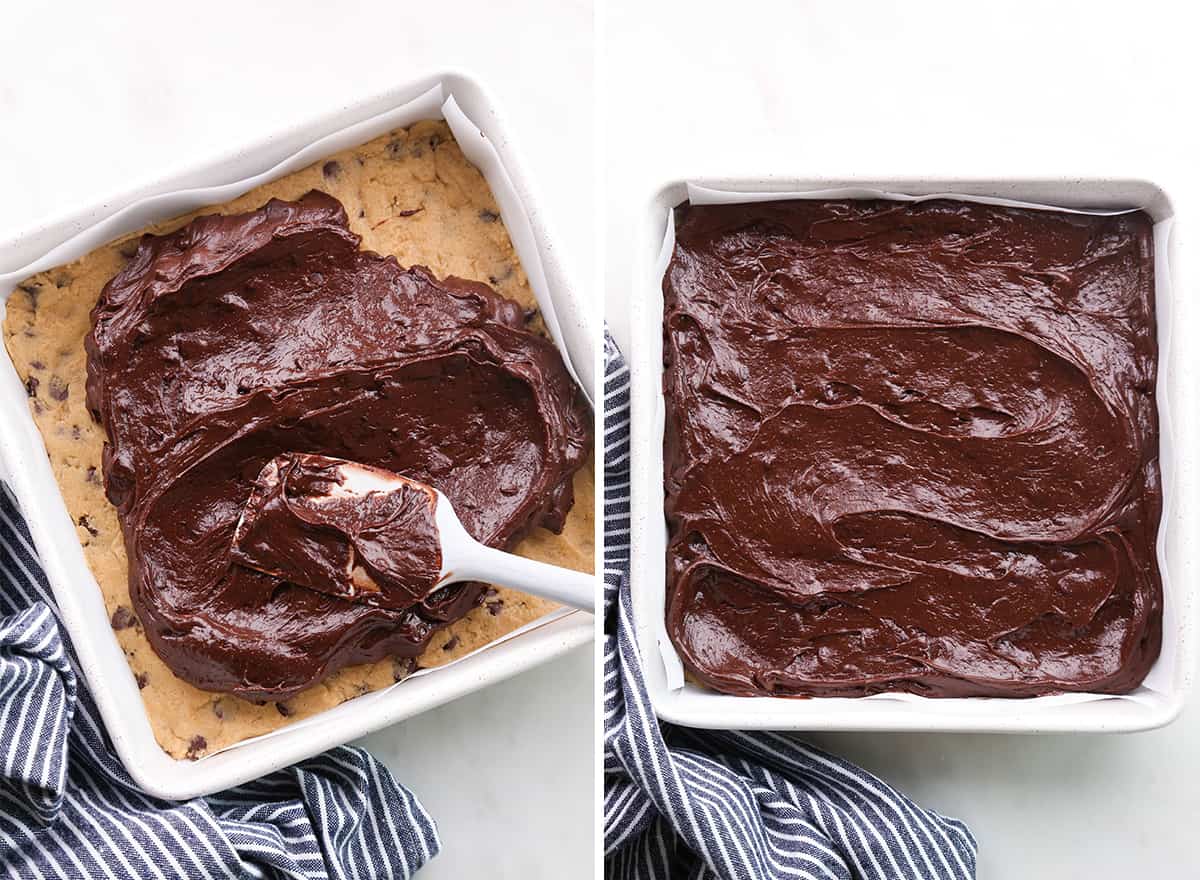 two overhead photos showing how to  make brookies - making the brownie layer