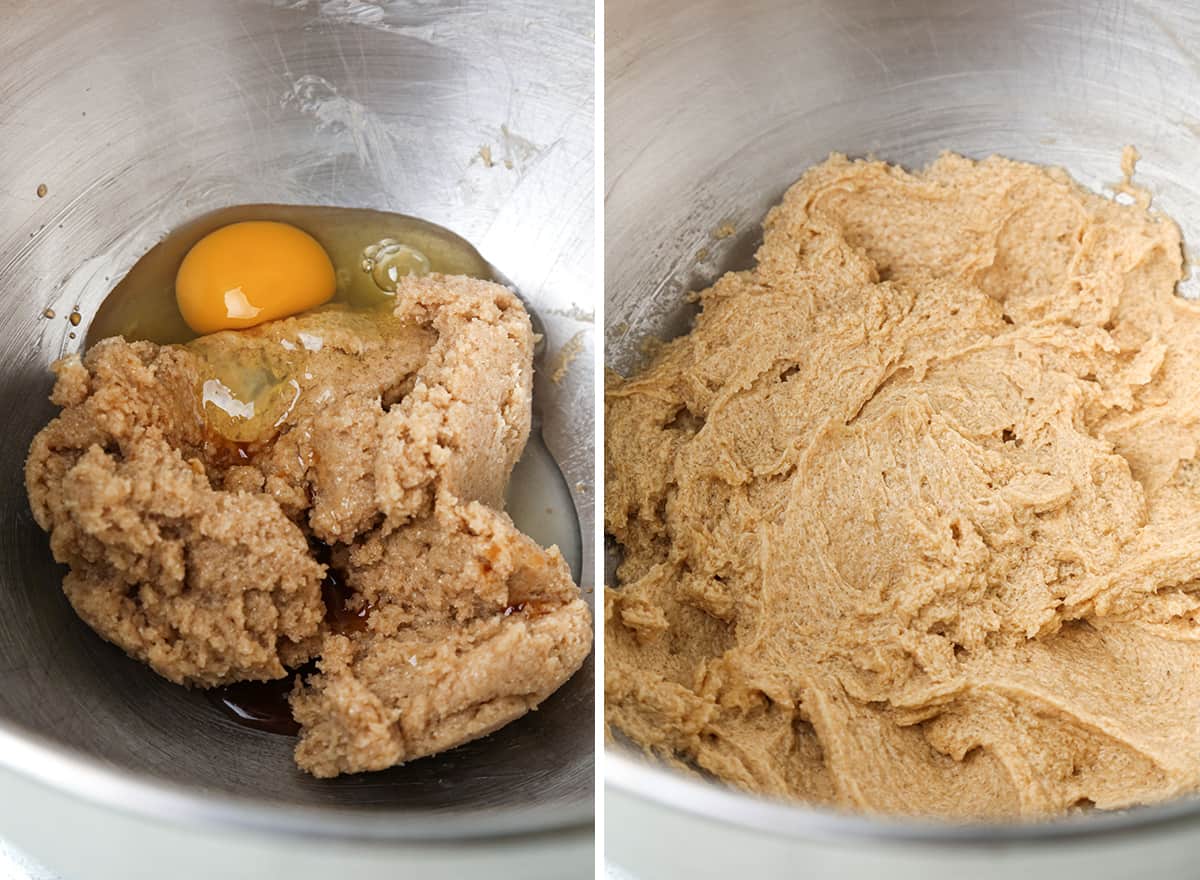 two overhead photos showing how to  make brookies - making the cookie layer
