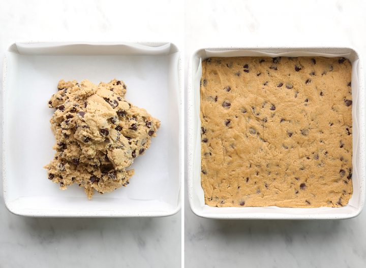 two overhead photos showing how to  make brookies - making the cookie layer