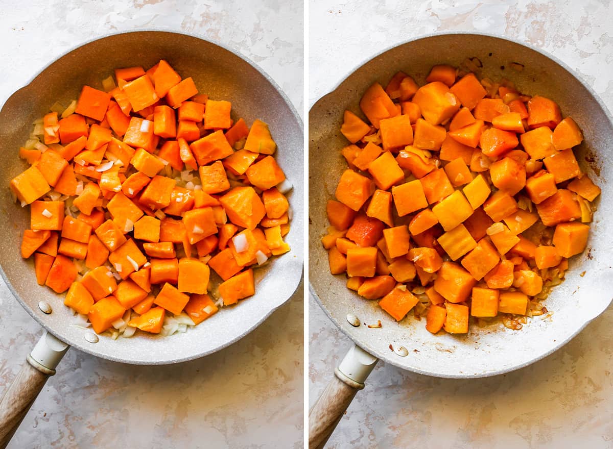 two photos showing How to Make Butternut Squash Mac and Cheese - cooking the onions and squash