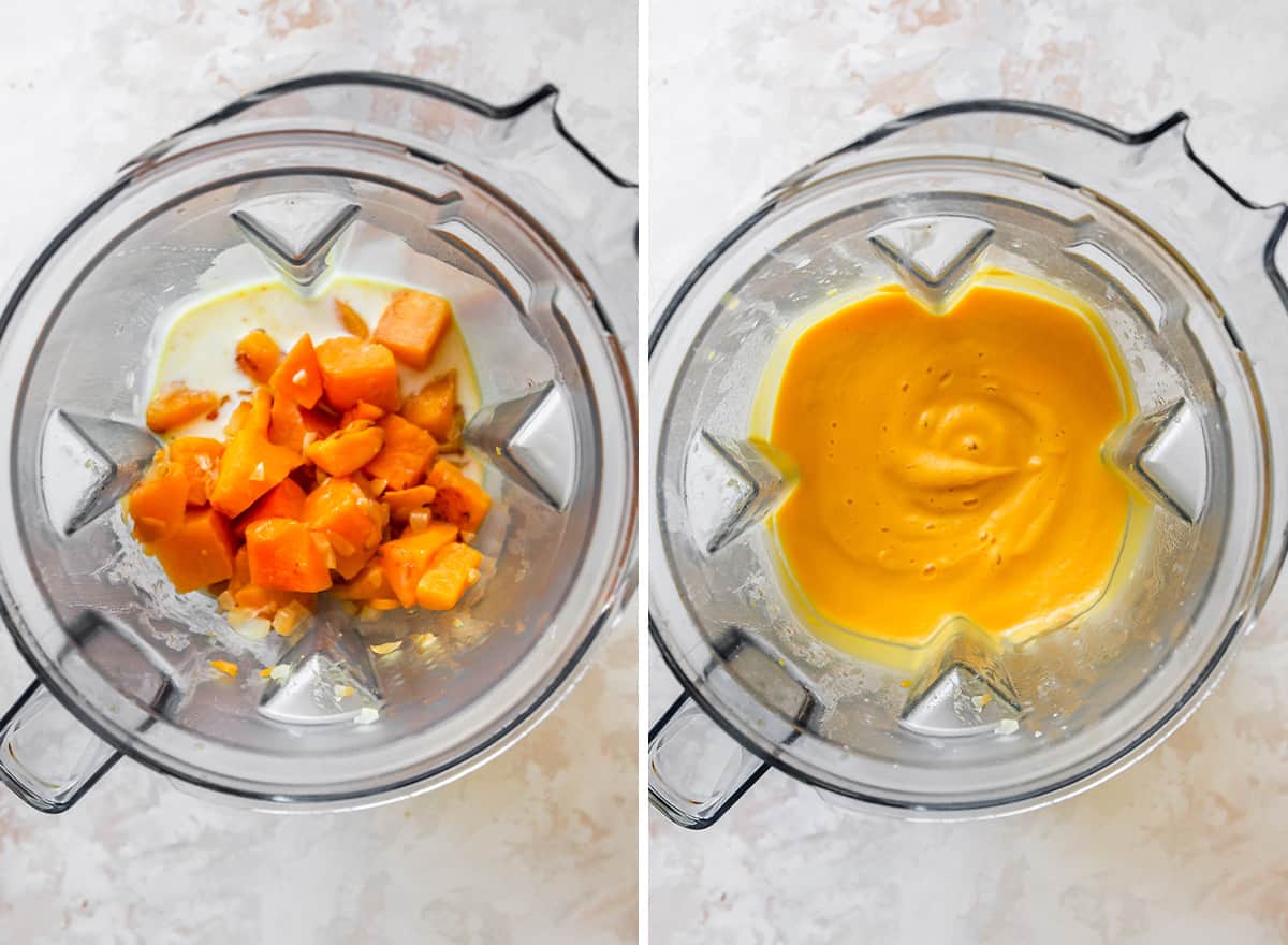 two photos showing How to Make Butternut Squash Mac and Cheese - blending the milk and cooked squash 