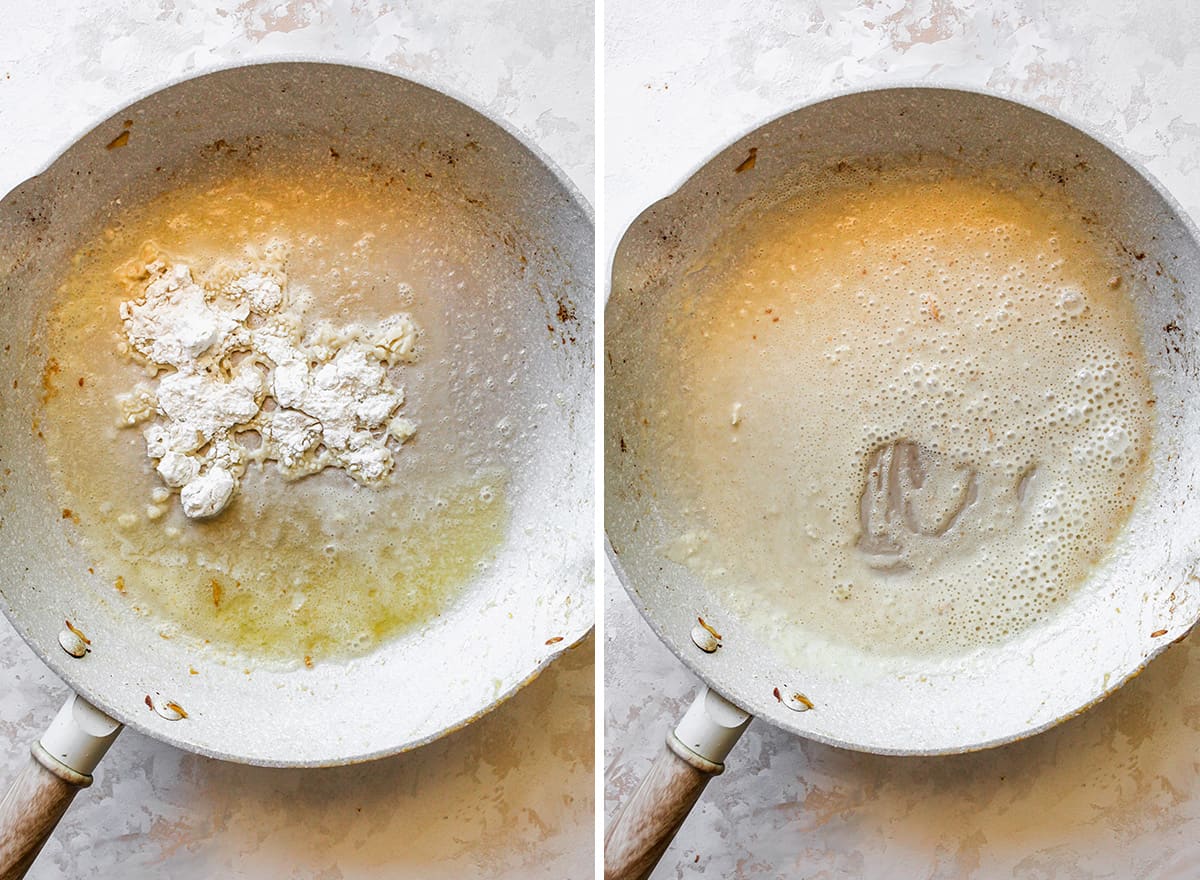 two photos showing How to Make Butternut Squash Mac and Cheese - making a roux to thicken the sauce 