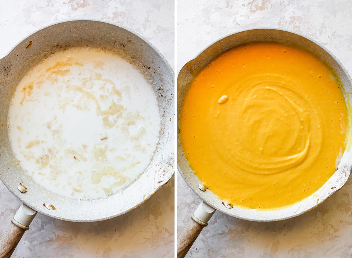 two photos showing How to Make Butternut Squash Mac and Cheese sauce
