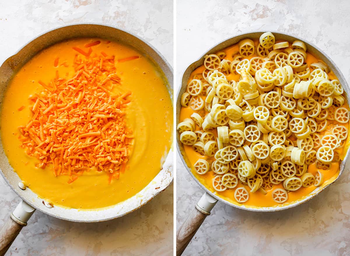 two photos showing How to Make Butternut Squash Mac and Cheese sauce and adding the pasta 