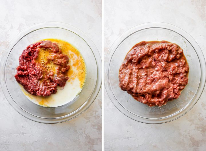 two photos showing How to Make Meatballs - combining meat with wet ingredients