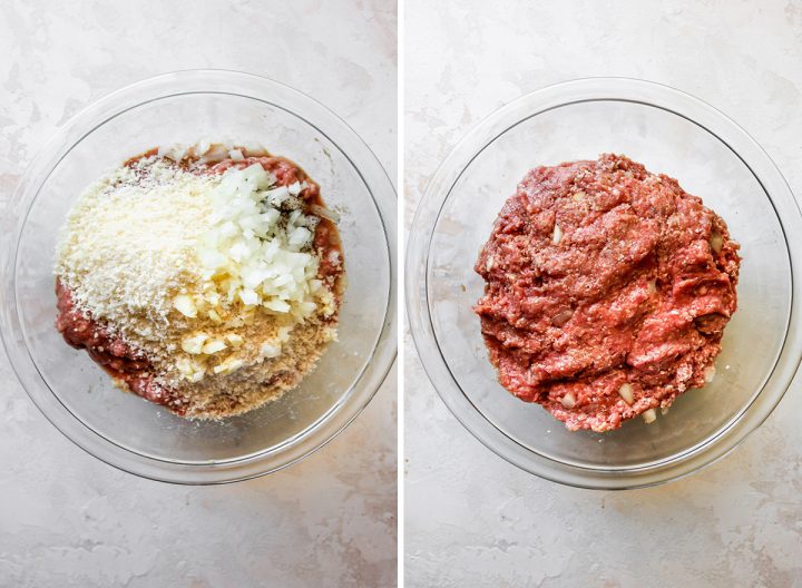 two photos showing How to Make Meatballs - adding dry ingredients and onion to meat mixture 