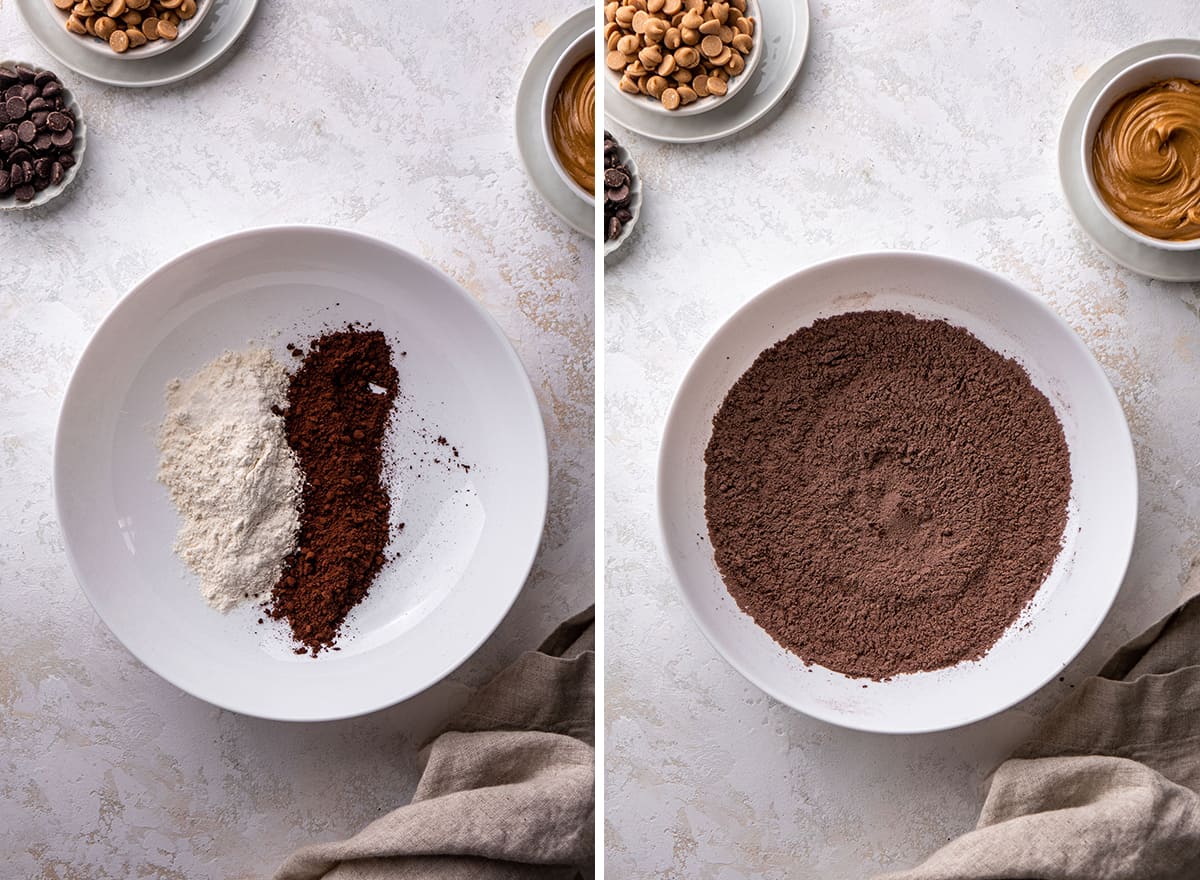 two overhead photos showing How to Make Peanut Butter Brownies - mixing dry ingredients 
