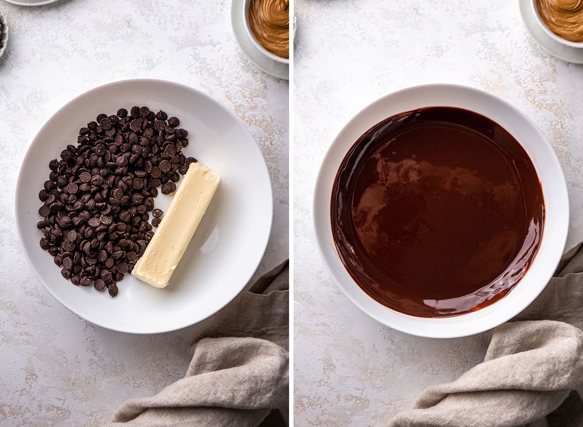 two overhead photos showing How to Make Peanut Butter Brownies - melting butter and chocolate 