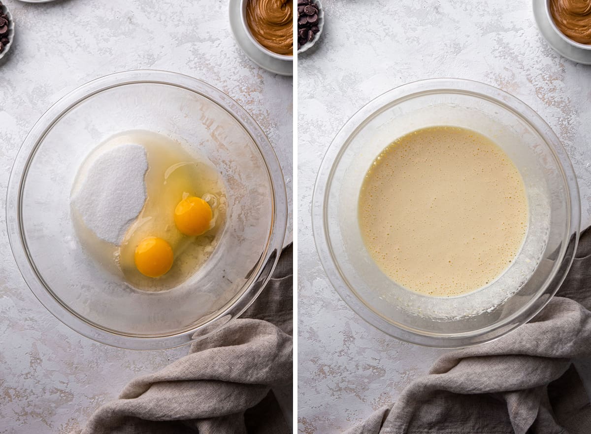 two photos showing How to Make Peanut Butter Brownies- beating eggs and sugar