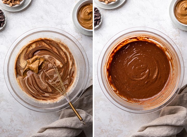 two photos showing How to Make Peanut Butter Brownies - adding peanut butter to the batter