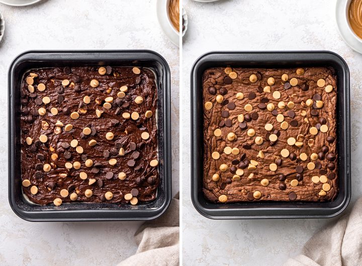 two photos showing How to Make Peanut Butter Brownies - batter in pan before and after baking 
