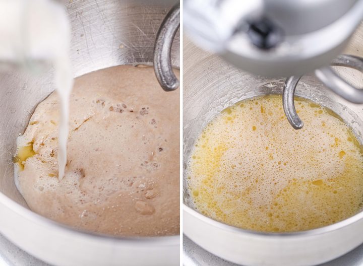 two photos showing How to Make Sandwich Bread - adding milk and butter