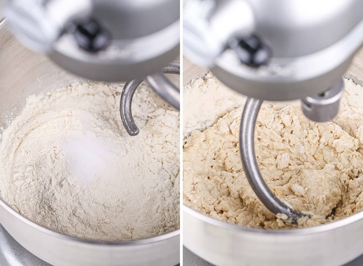 two photos showing How to Make Sandwich Bread - adding flour and mixing