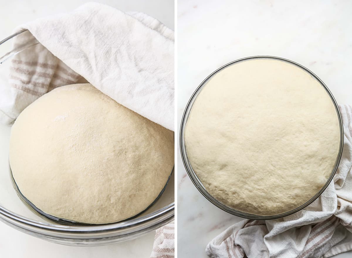 two photos showing How to Make Sandwich Bread - dough in a glass bowl before and after rising.
