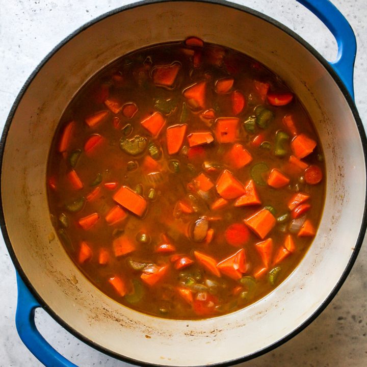 two photos showing How to Make Sweet Potato Soup - boiling the ingredients in water 
