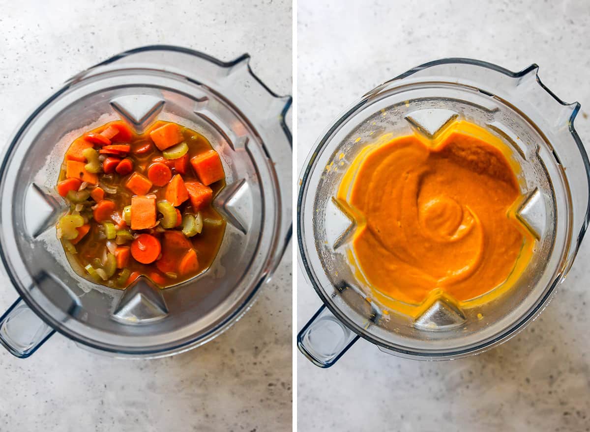 two photos showing How to Make Sweet Potato Soup - blending the sweet potato mixture