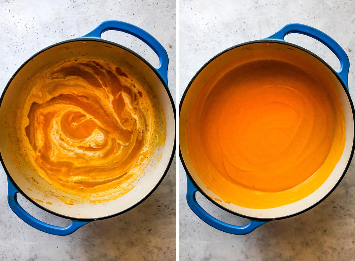 two photos showing How to Make Sweet Potato Soup - stirring in the heavy cream 