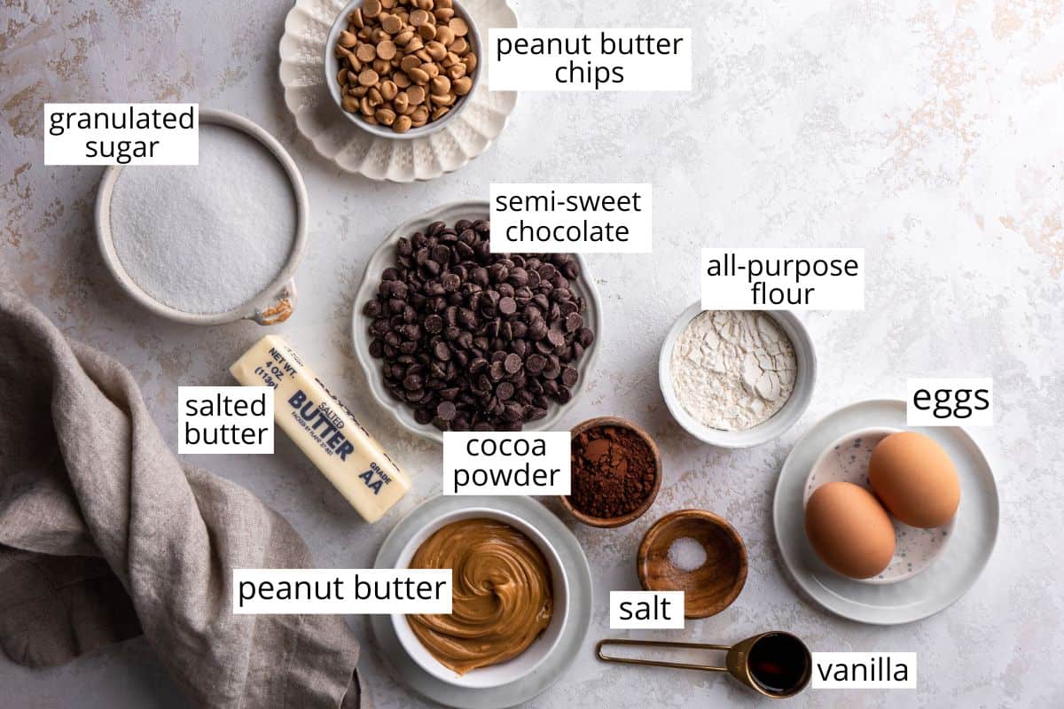 overhead view of the labeled ingredients in this Chocolate Peanut Butter Brownies recipe