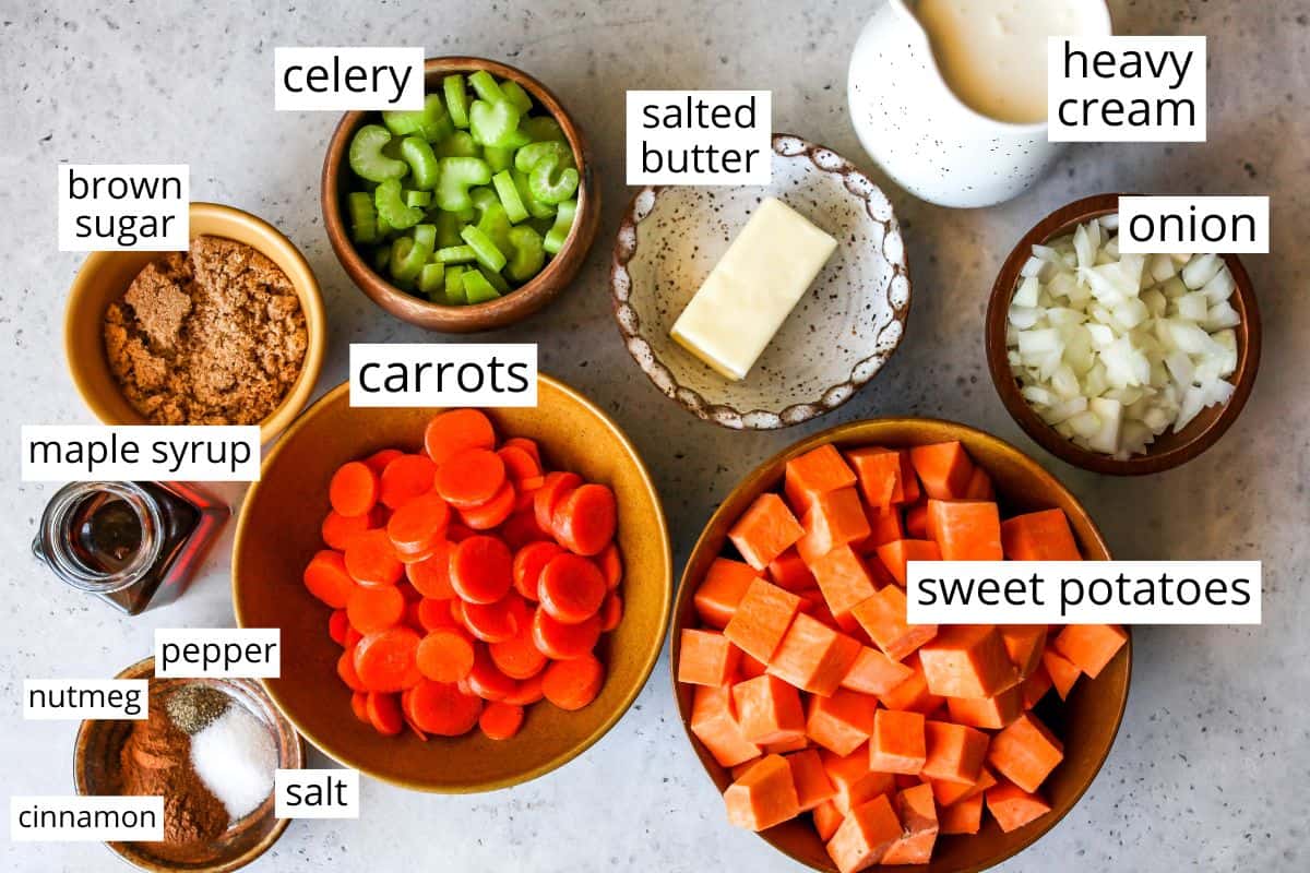 overhead photo of the labeled  ingredients in this Sweet Potato Soup recipe