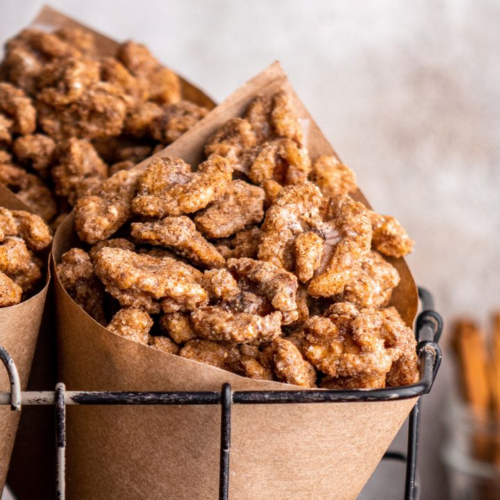 Candied Walnuts in brown paper cones for serving