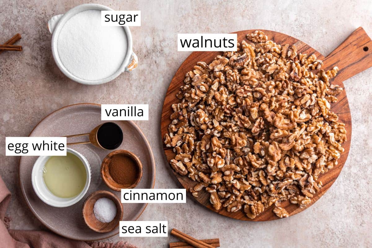 overhead view of the labeled ingredients in this Candied Walnuts recipe