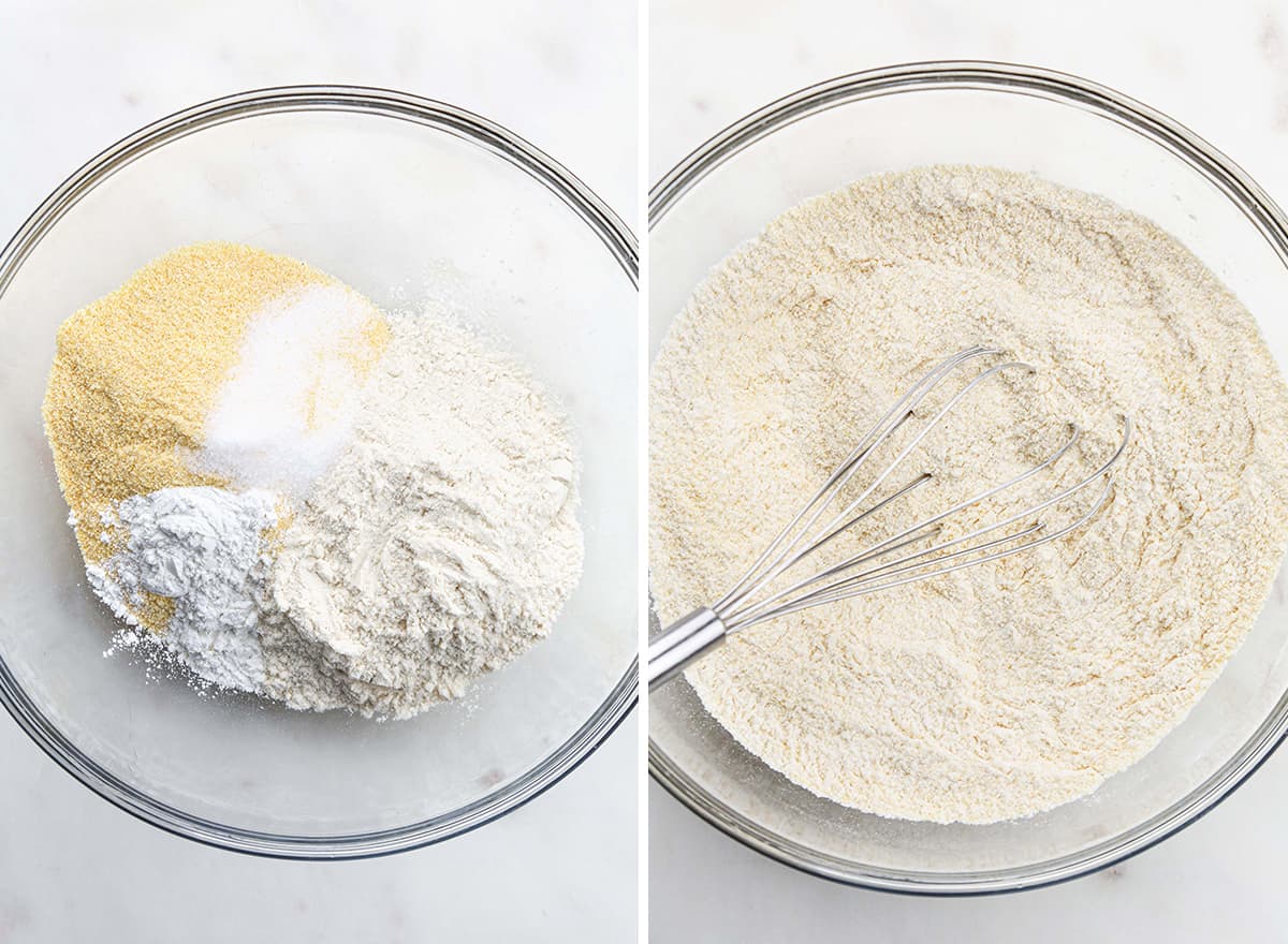 two overhead photos showing How to Make Cornbread Muffins - mixing the dry ingredients