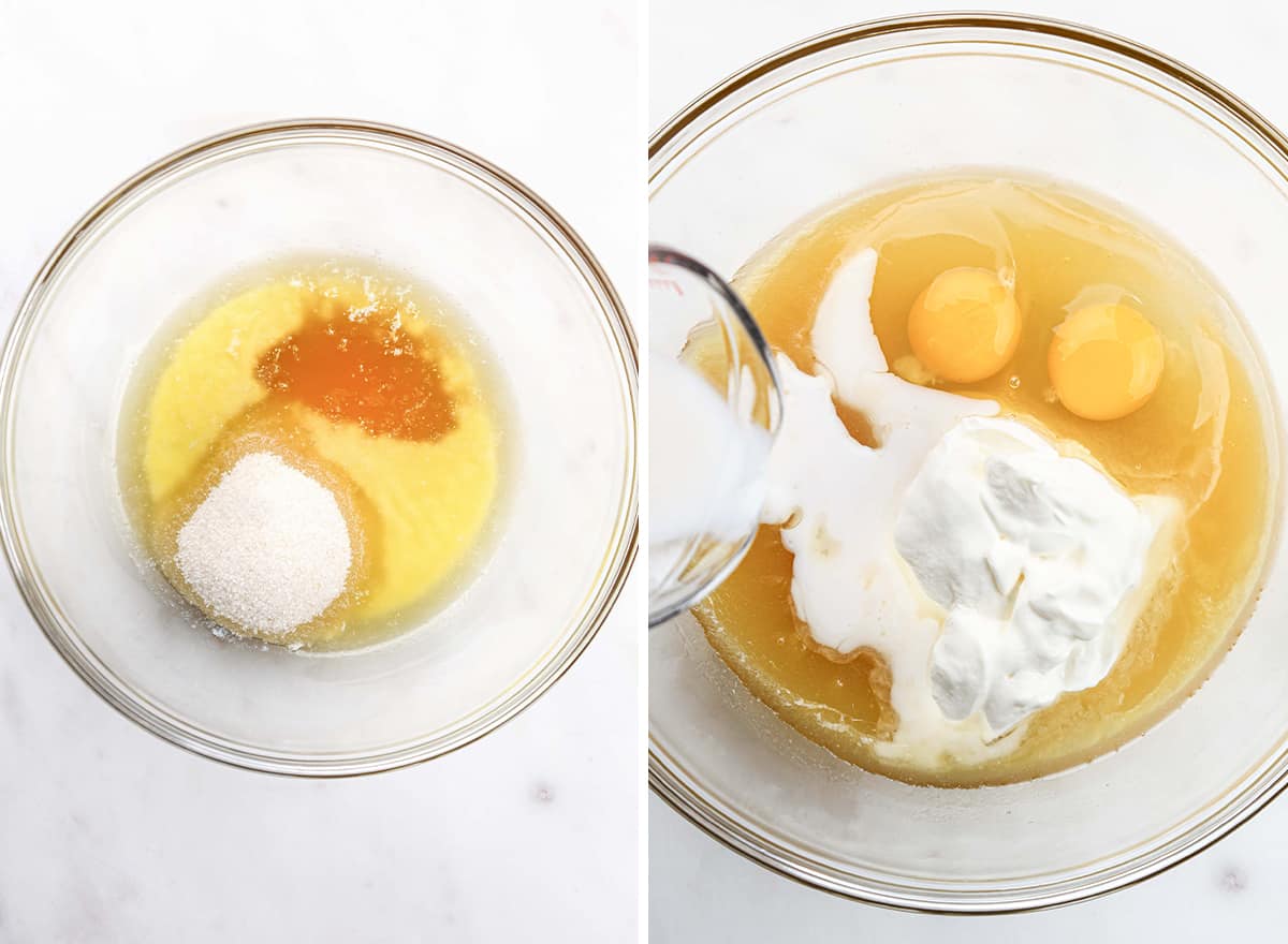 two overhead photos showing How to Make Cornbread Muffins - mixing the wet ingredients and sugar
